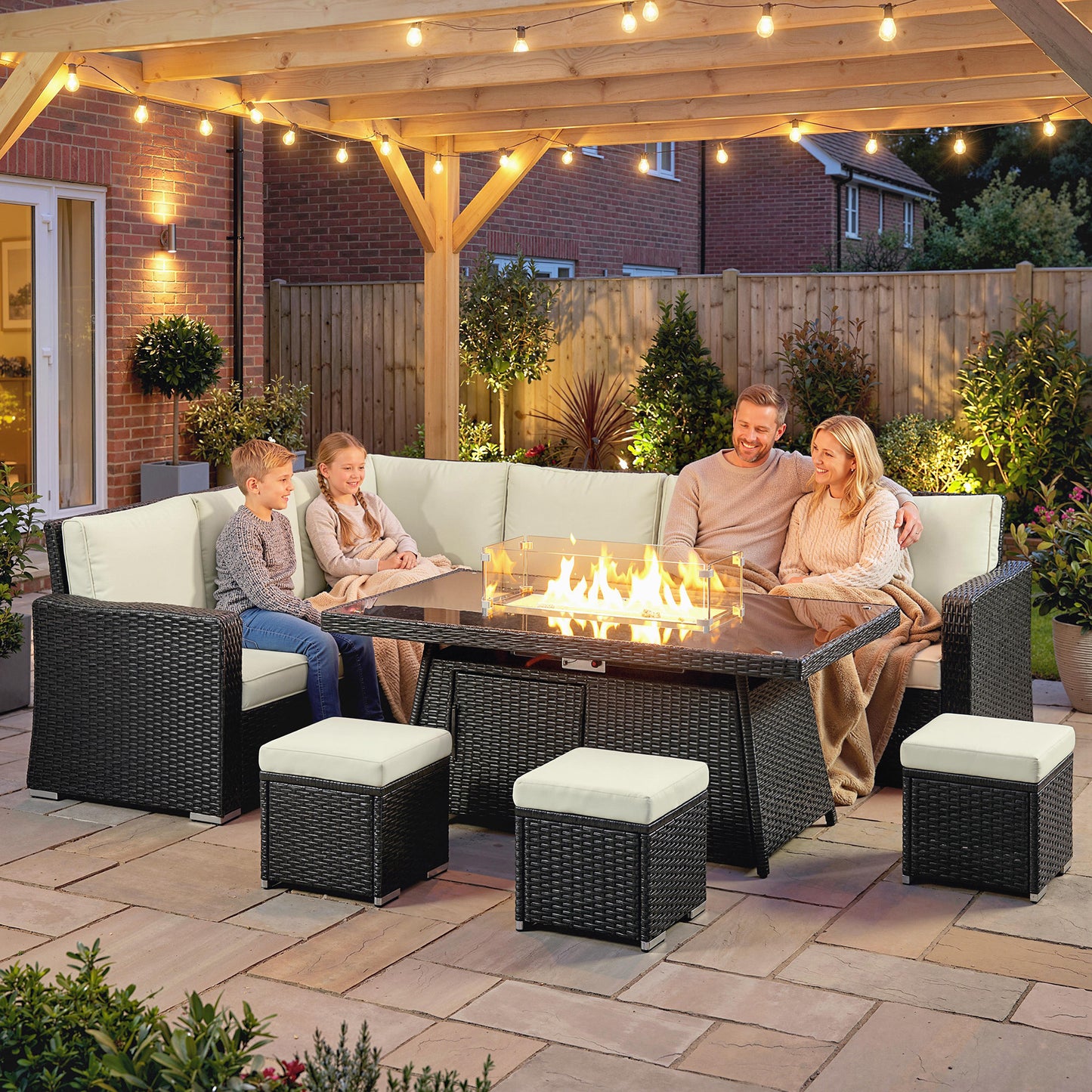 7 Pieces PE Rattan Garden Furniture Set, 50,000 BTU Gas Fire Pit Table, Double Corner Sofa and 3 Footstools