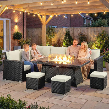 7 Pieces PE Rattan Garden Furniture Set, 50,000 BTU Gas Fire Pit Table, Double Corner Sofa and 3 Footstools