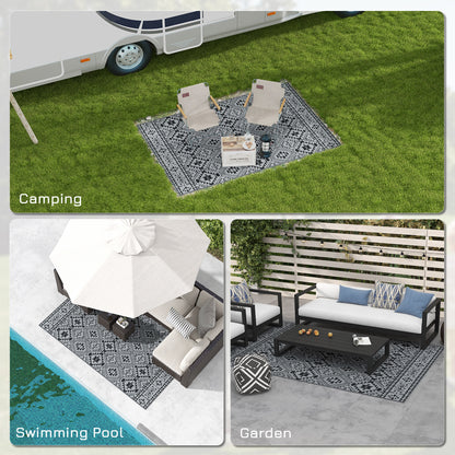 182 x 274cm Reversible Patterned Outdoor Rug, with Bag - Black/Grey