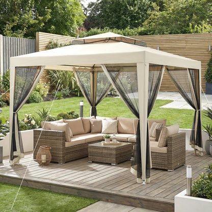 3 x 3 m Gazebo, Netting Party Tent, Patio Canopy Outdoor Event Shelter with Double Tier Roof, Beige