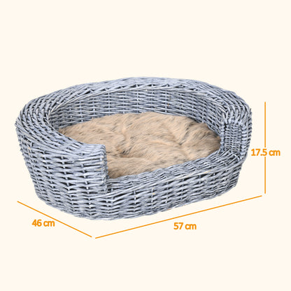 Wicker Pet Bed Willow Dog Cat Sofa Puppy Basket with Cushion Grey 57L x 46W x 17.5H cm