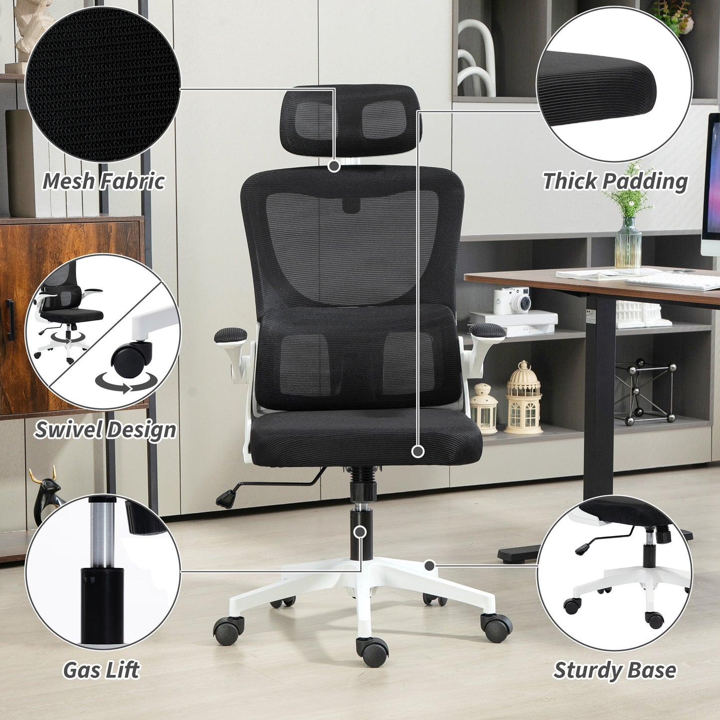 Ergonomic Office Chair, High Back Mesh Computer Desk Chair with Adjustable Headrest and Lumbar Support, Rotatable Armrests