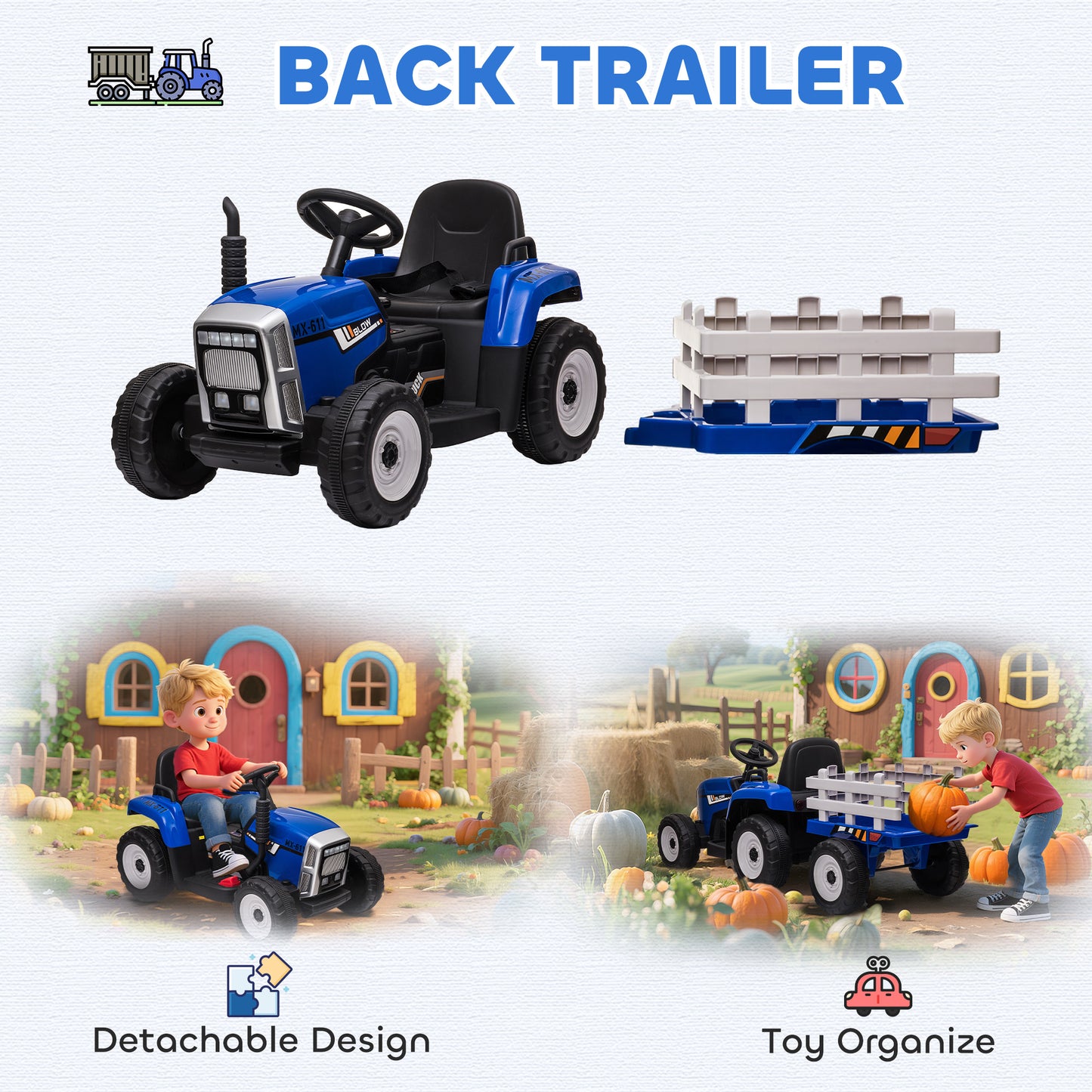 Ride On Tractor, Battery Powered Electric Car, with Detachable Trailer, Remote Control, Music, Blue