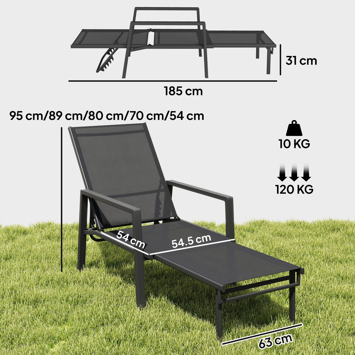 Sun Loungers Set of 2 Retractable Footrest 5-Position Adjustable Steel Frame for Beach, Porch, Patio, Camping, Black