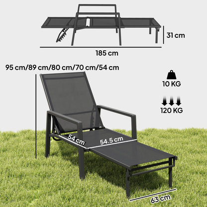 Sun Loungers Set of 2 Retractable Footrest 5-Position Adjustable Steel Frame for Beach, Porch, Patio, Camping, Black