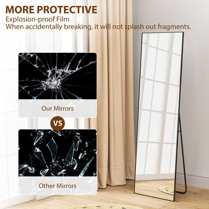 Full Length Mirror, Aluminium Alloy Framed Full Body Mirror with Tempered Glass, Standing or Wall Hanging, Black