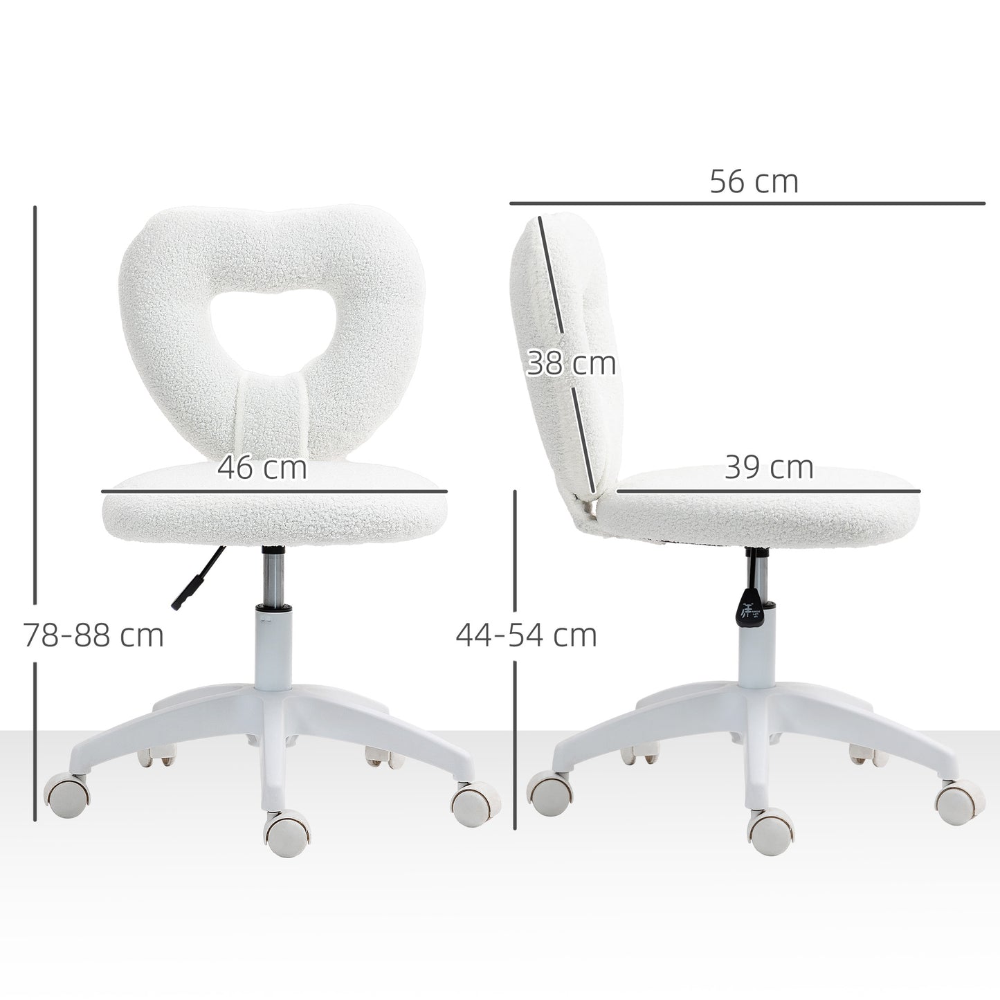 Armless Heart Computer Desk Chair, Teddy Fleece Swivel Office Chair, Makeup Vanity Chair with Height Adjustable, Wheels