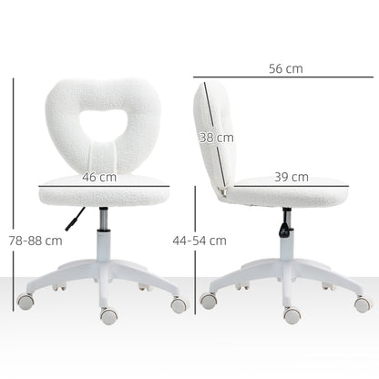 Armless Heart Computer Desk Chair, Teddy Fleece Swivel Office Chair, Makeup Vanity Chair with Height Adjustable, Wheels