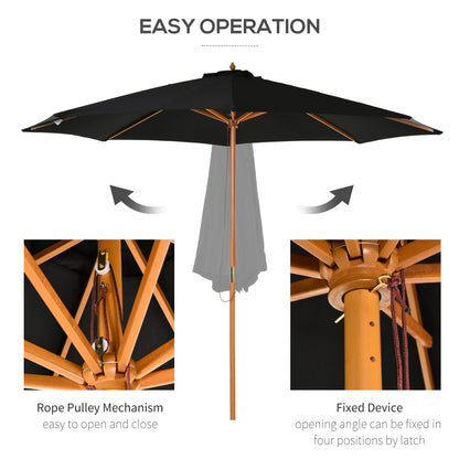 3(m) Garden Parasol, Pulley Operated Patio Umbrella, Wooden Table Market Umbrella with Rope Pulley Mechanism and 8 Ribs