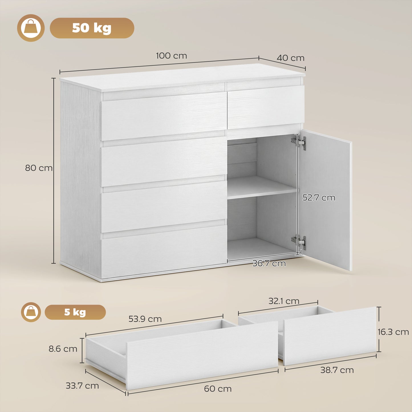 Modern Chest Of Drawers, 5 Drawer Dresser with Adjustable Shelf, Soft-Close Door, White
