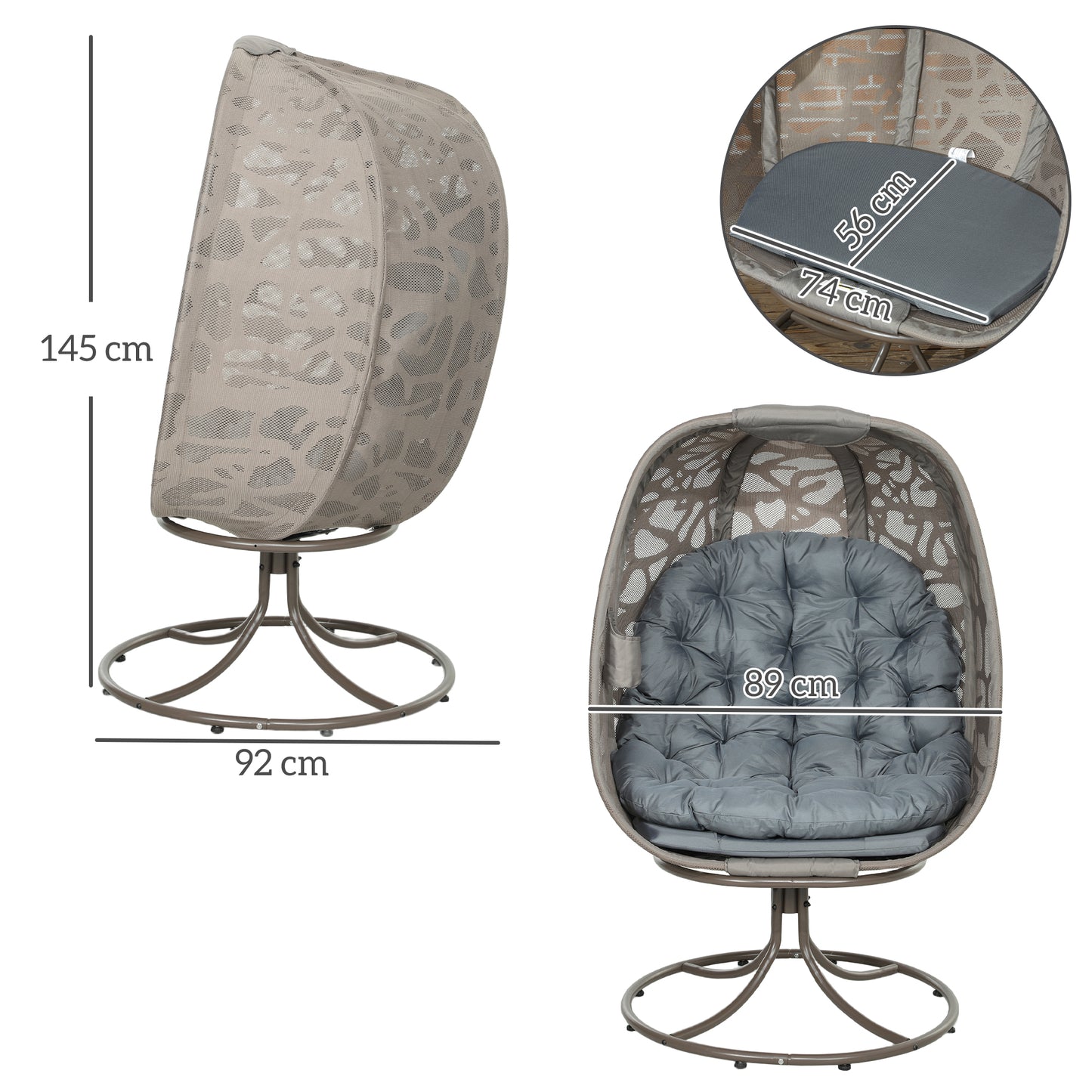 Swivel Egg Chair with Cushions, Foldable Basket Seat and Metal Frame, Indoor Outdoor Lounge Chair for Balcony