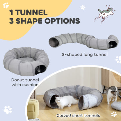 2 in 1 Cat Tunnel with Bed, Cat Play Tunnel with Ball & Peek Hole for Indoor Cats, Grey
