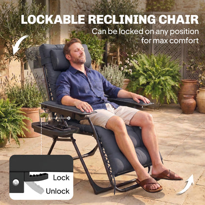 Zero Gravity Chair, Folding Sun Lounger Reclining Garden Chair with Arm Pads, Cushion, Cup Holder, Headrest, Dark Grey