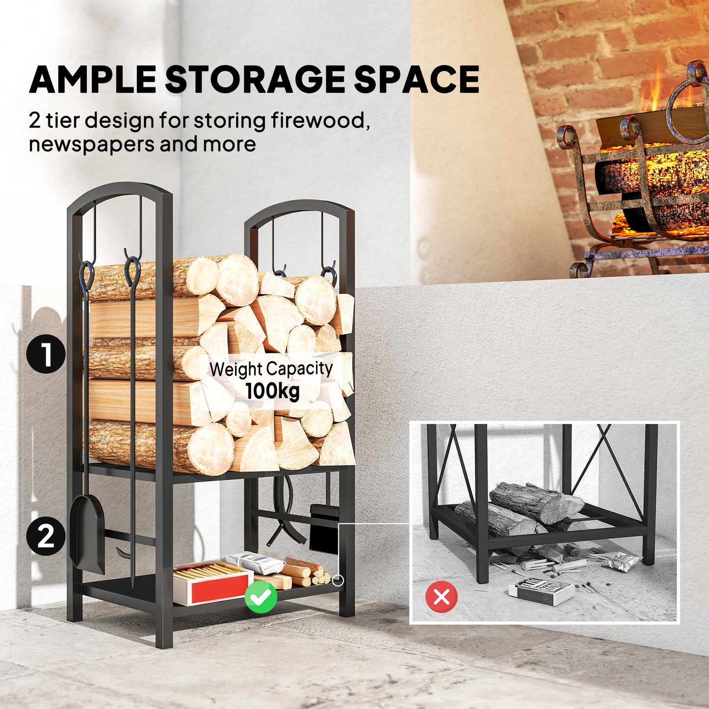 Metal Firewood Log Holder 2 Layer Firewood Rack Indoor Outdoor Fireplace Wood Storage Shelf with 4 Tools and Hooks, Black