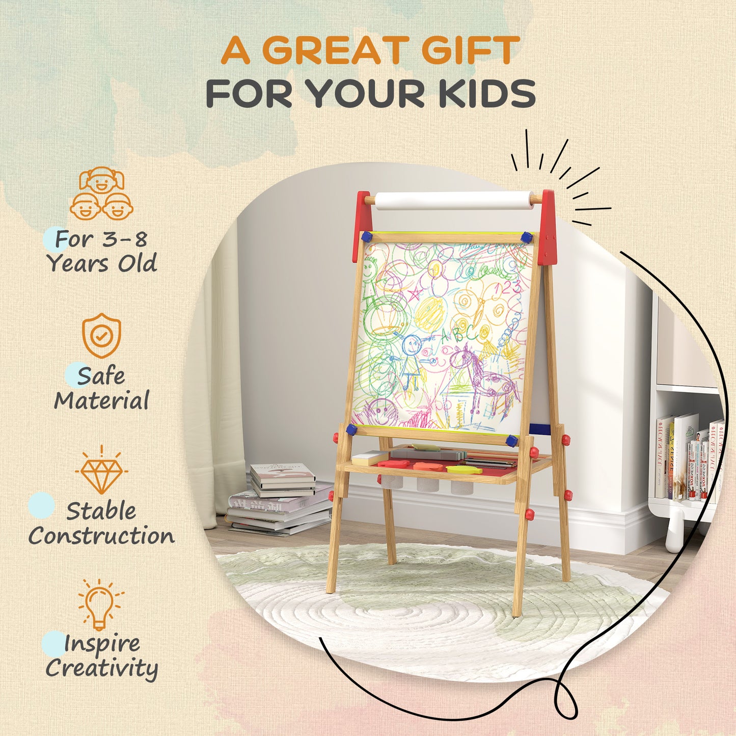 3-in-1 Wooden Kids Easel with Paper Roll, Whiteboard, Chalkboard, Painting Accessories