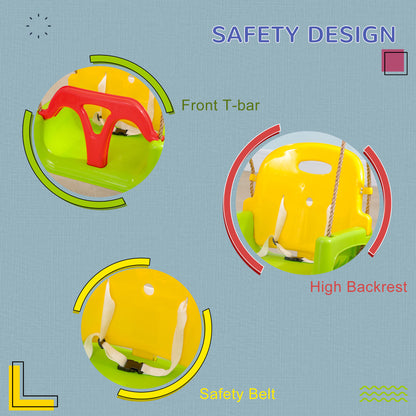3 in 1 Detachable Kids Swing Seat with Safety Belt, Adjustable Rope for Indoor, Outdoor, Playground, Garden, Green