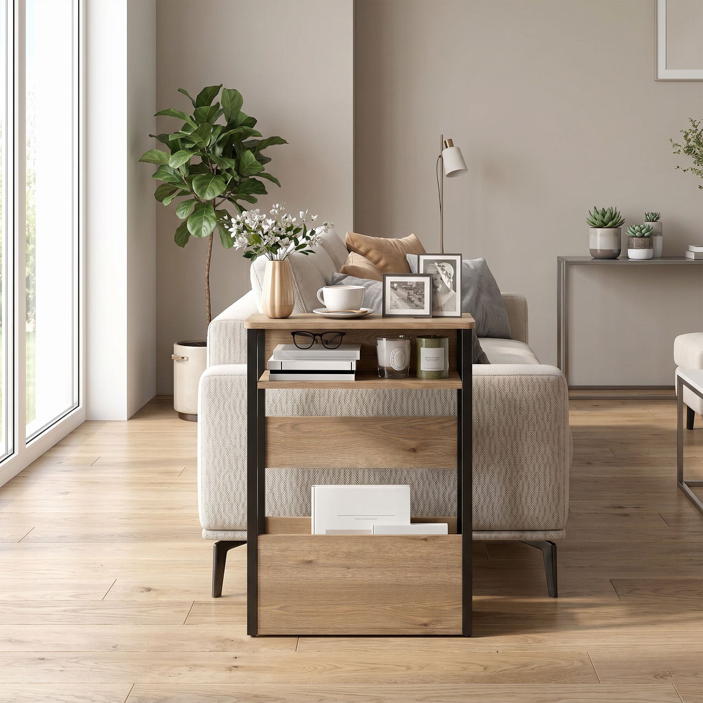 Industrial-Style Side Table - Black/Walnut Brown