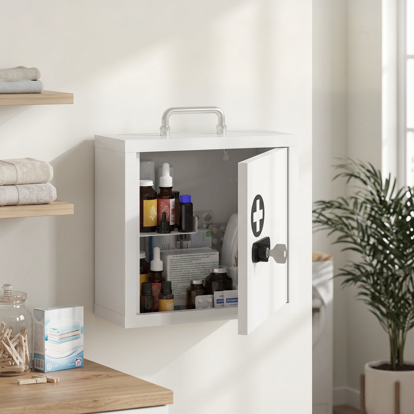 Wall Mount Medicine Cabinet with Combination and Key Lock, 2 Tier Stainless Steel First Aid Cabinet, White