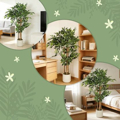 120cm Artificial Ficus Tree, Fake Potted Tree with Solid Wood Trunk and Pot for Indoor, Green