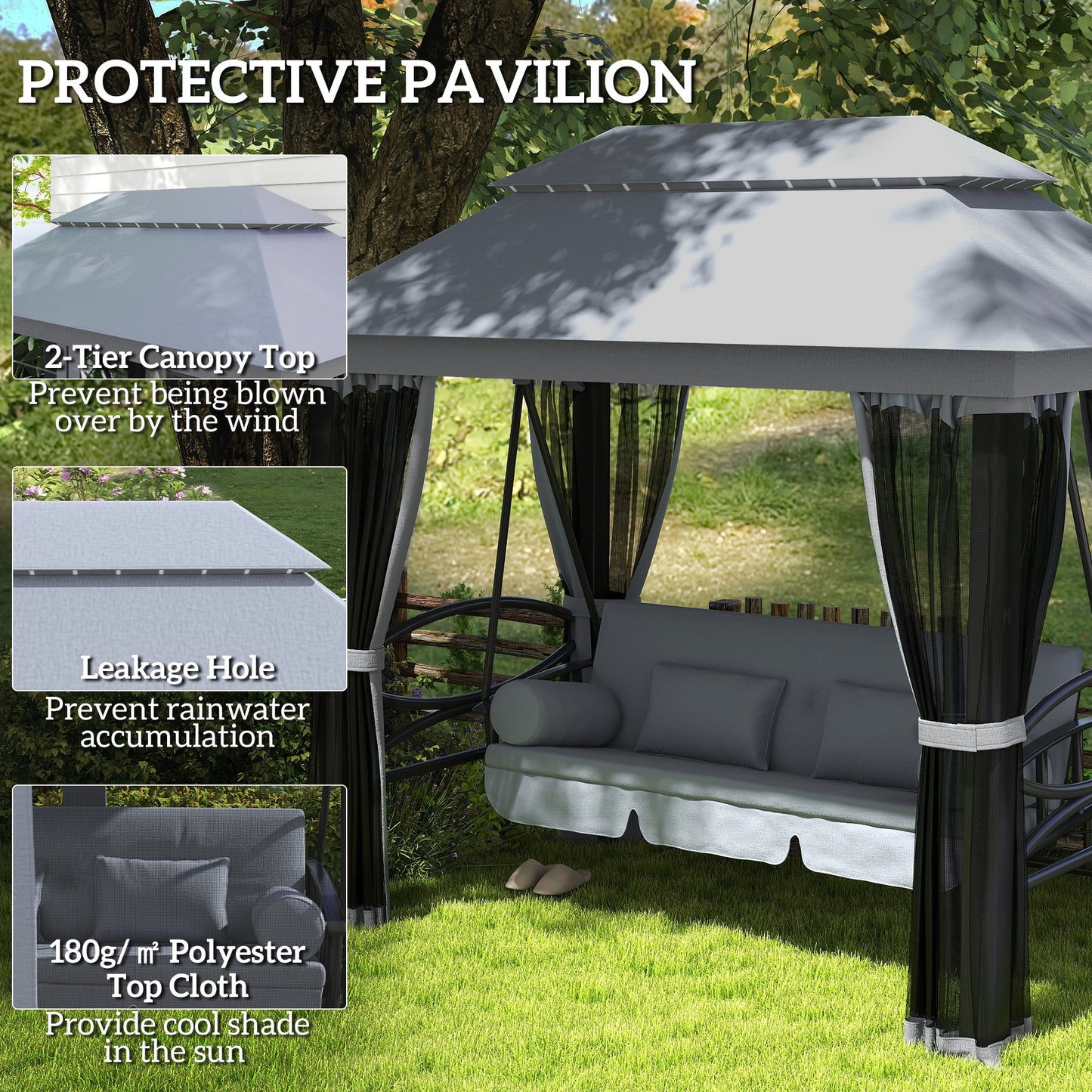 3 Seater Swing Chair Hammock Gazebo Lounger Cushioned Seat Waterproof Grey
