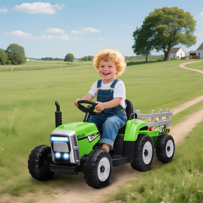 Ride On Tractor, Battery Powered Electric Car, with Detachable Trailer, Remote Control, Music - Green
