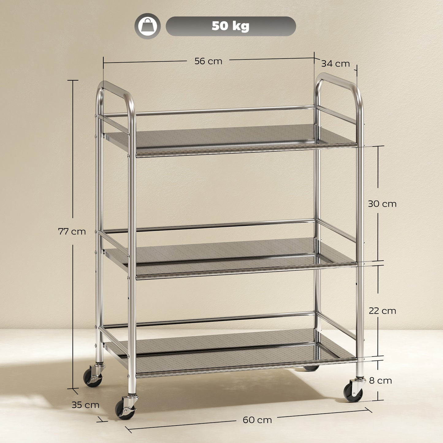 3 Tier Stainless Steel Kitchen Storage Trolley with Adjustable Shelf - Silver