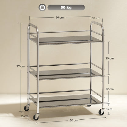 3 Tier Stainless Steel Kitchen Storage Trolley with Adjustable Shelf - Silver