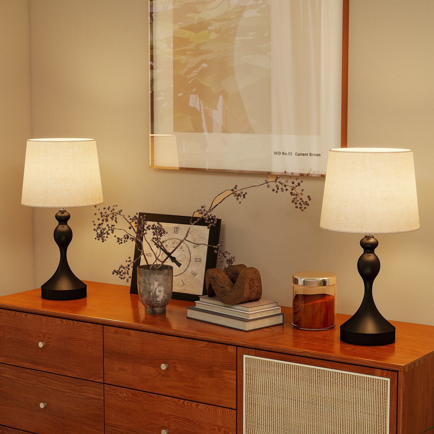 Set of Two Three-Colour Lamps, with USB Ports - Black/Beige
