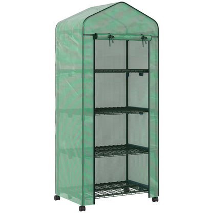 4 Tier Mini Portable Greenhouse Compact Plant Grow Shed Metal Frame PE Cover with Lockable Rolling Wheels , Green