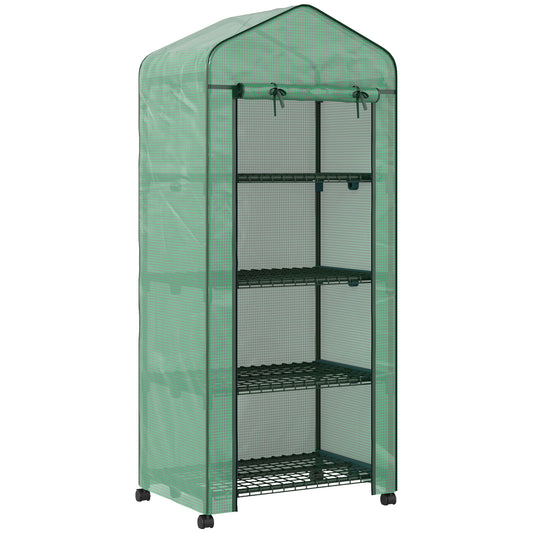 4 Tier Mini Portable Greenhouse Compact Plant Grow Shed Metal Frame PE Cover with Lockable Rolling Wheels , Green