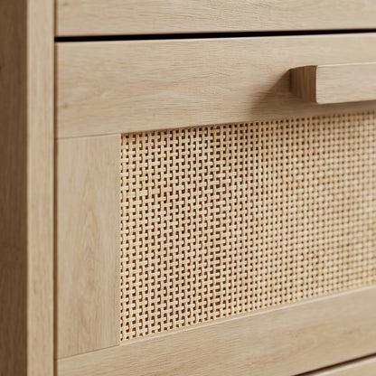 Chest of Drawers, 6-Drawer Dresser, Tall Storage Drawer Unit with Rattan Element for Bedroom, Living Room, Oak
