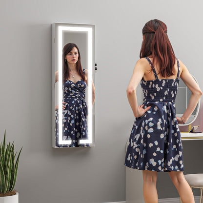 LED Mirror Jewellery Cabinet, Wall Mounted Full Length Mirror with Storage, Lockable Jewellery Organiser, White