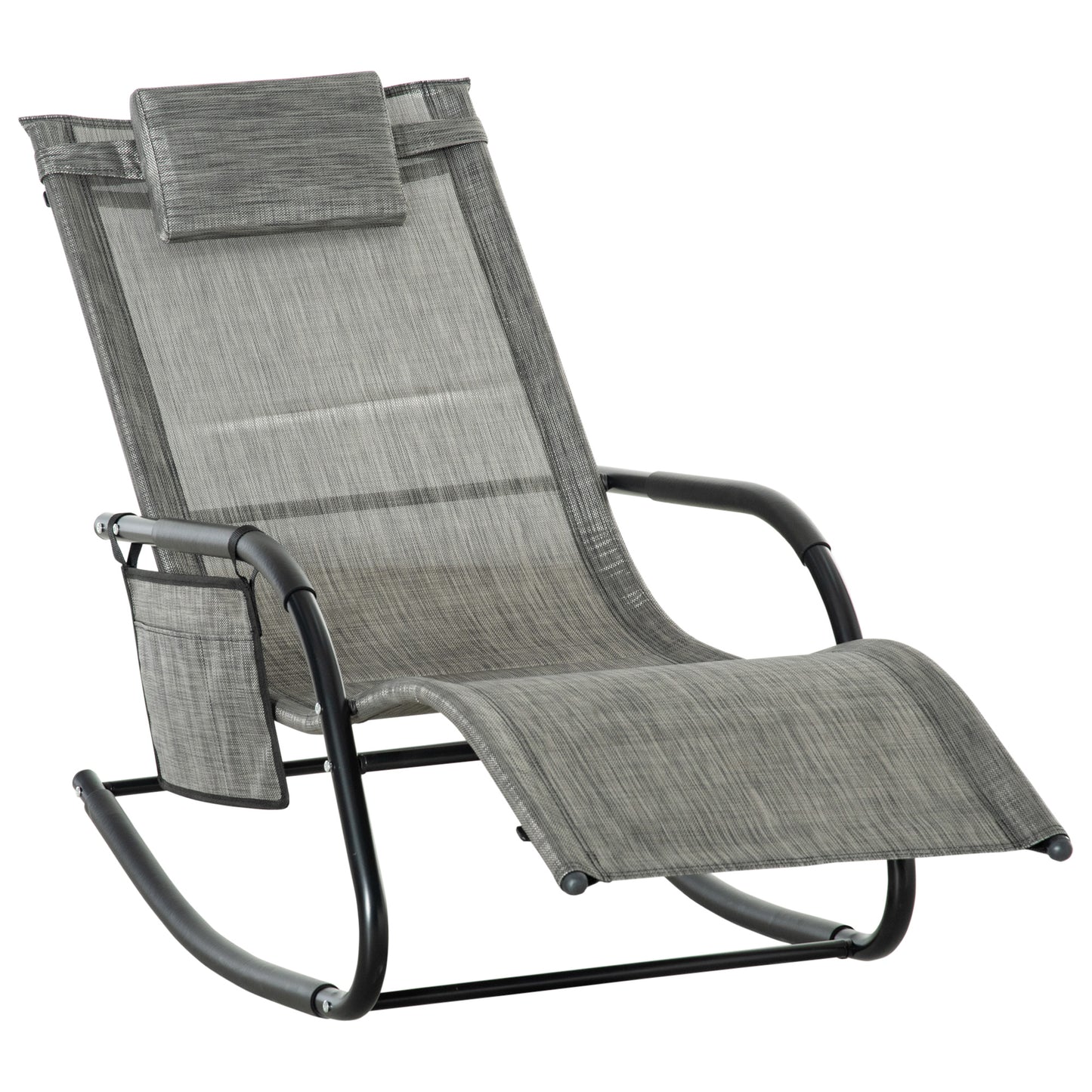 Outdoor Garden Rocking Chair, Patio Sun Lounger Rocker Chair with Breathable Mesh Fabric, Removable Headrest Pillow, Armrest
