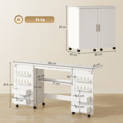 Folding Sewing Table with 2 Magnetic Doors, Storage Shelf, Lockable Wheels, Space Saving, White
