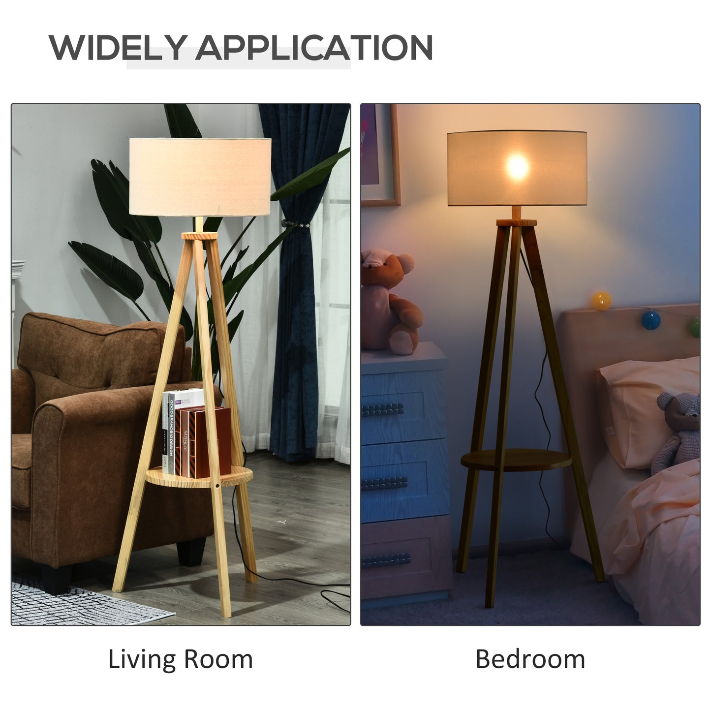 Tripod Floor Lamp, Freestanding Bedside Light Reading Light with Storage Shelf and Linen Shade for Living Room Bedroom