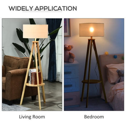 Tripod Floor Lamp, Freestanding Bedside Light Reading Light with Storage Shelf and Linen Shade for Living Room Bedroom