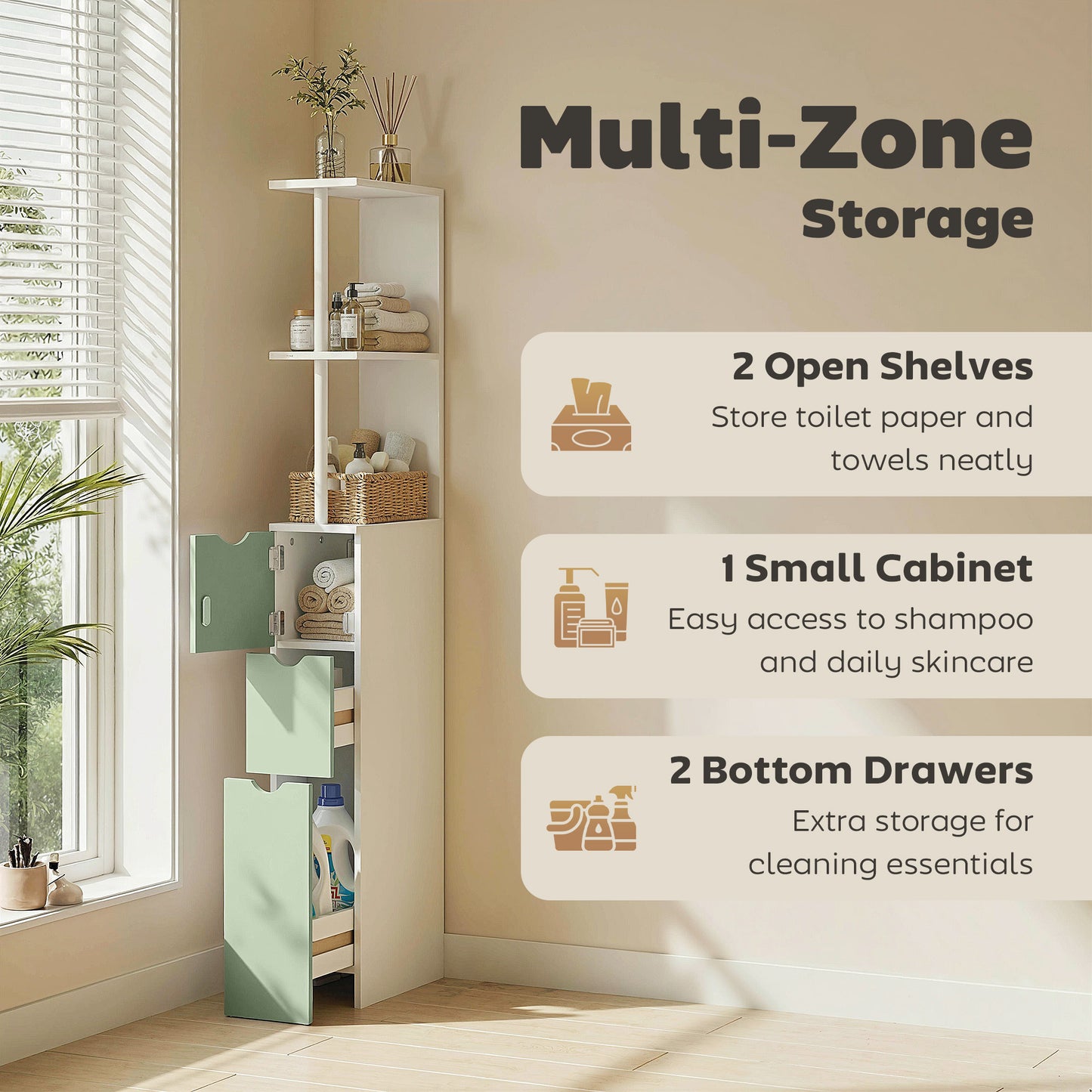 Slim Bathroom Storage Cabinet, Tall Bathroom Floor Cabinet with 2-Tier Shelf and 2 Drawers, White and Light Green