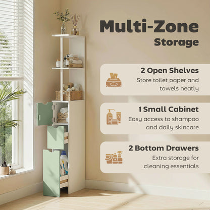 Slim Bathroom Storage Cabinet, Tall Bathroom Floor Cabinet with 2-Tier Shelf and 2 Drawers, White and Light Green