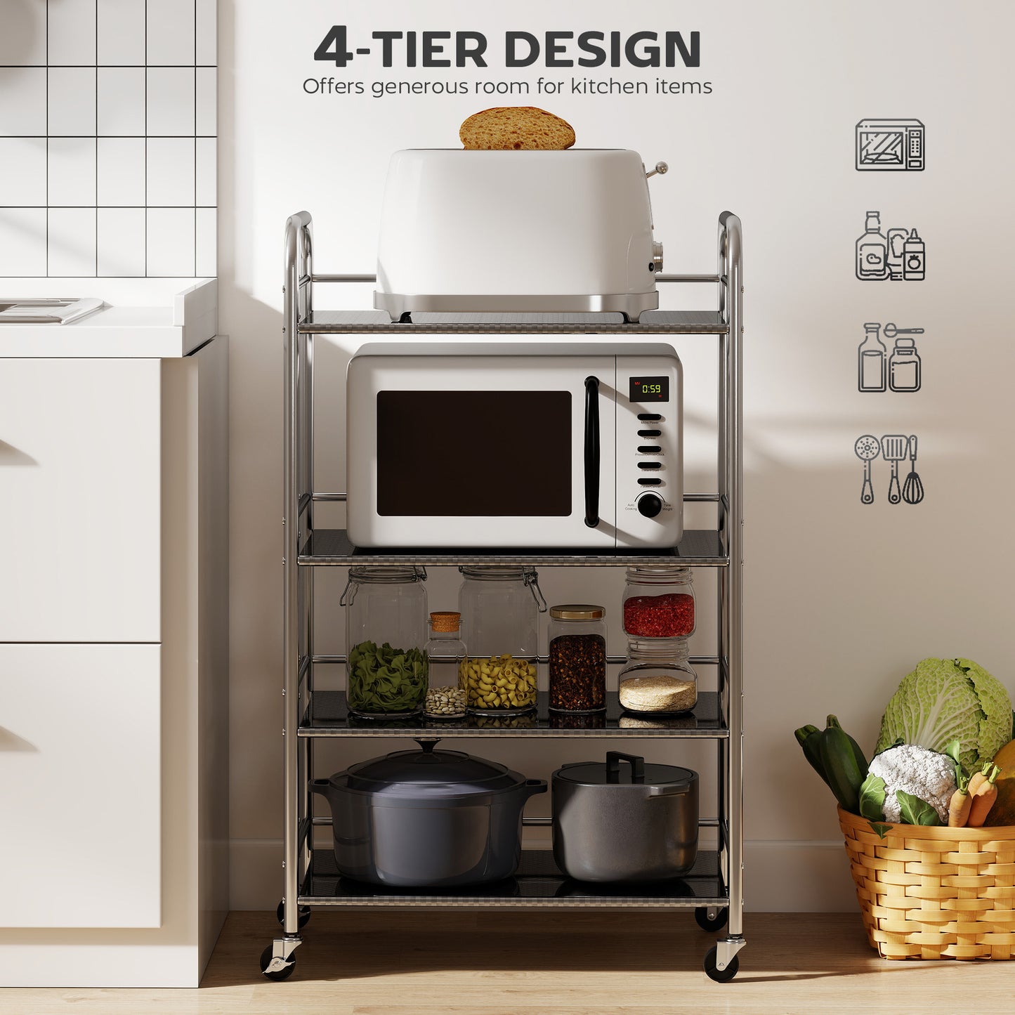 4 Tier Stainless Steel Kitchen Storage Trolley with Adjustable Shelves - Silver