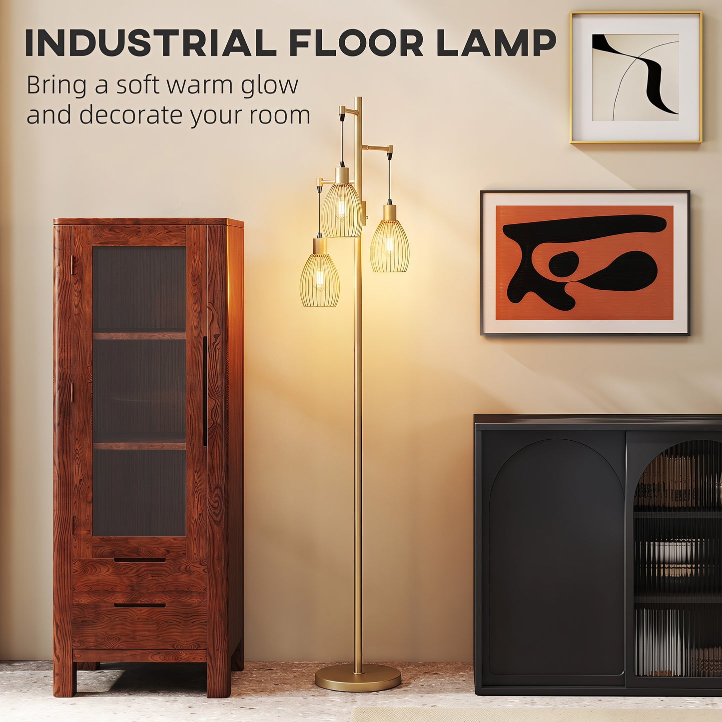170.5cm Industrial Dimmable Standing Lamp, 3-Light Floor Lamp with Steel Wire Cage Lampshades, Gold Tone