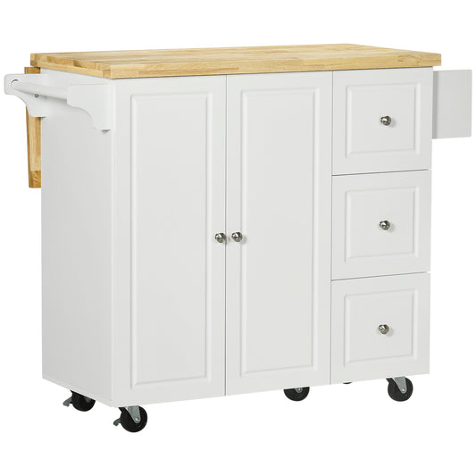 Kitchen Island on Wheels, Rolling Kitchen Storage Trolley with Drop Leaf, Drawers, Towel and Spice Rack, White