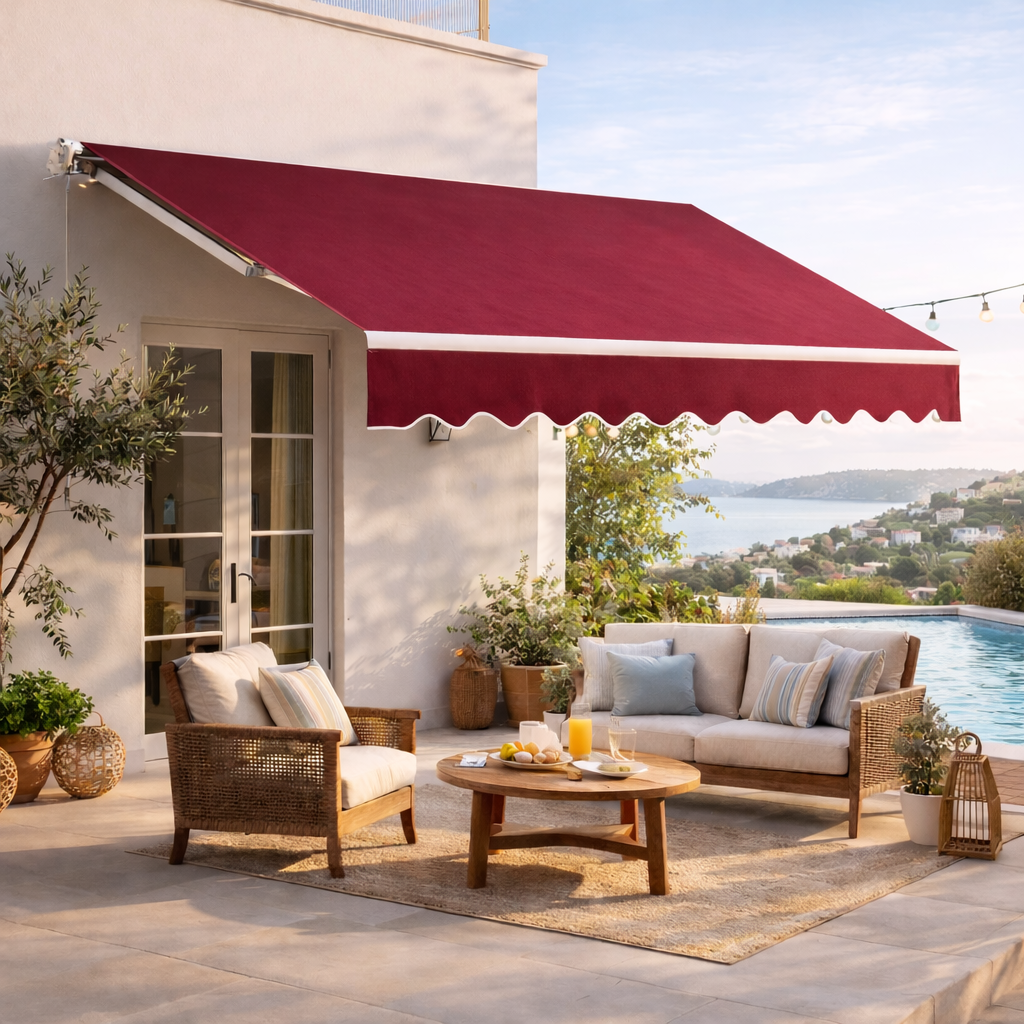 3 x 2.5m Manual Retractable Awning for Patio 45-75° Sun Canopy with Waterproof Fabric - Wine Red