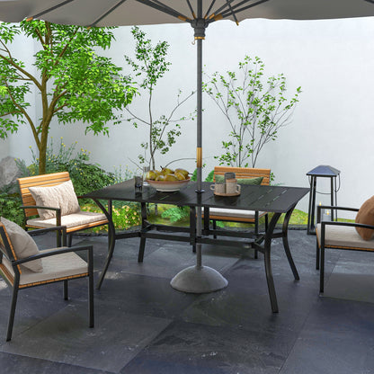 Garden Dining Table with Parasol Hole, Patio Table with Steel Frame and Slat Tabletop, Black