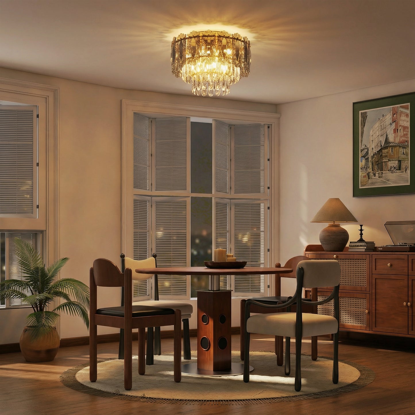 Chandelier Ceiling Light, 3-Light Flush Mount Fixture with Dual Crystal and Smoke Glass Shade