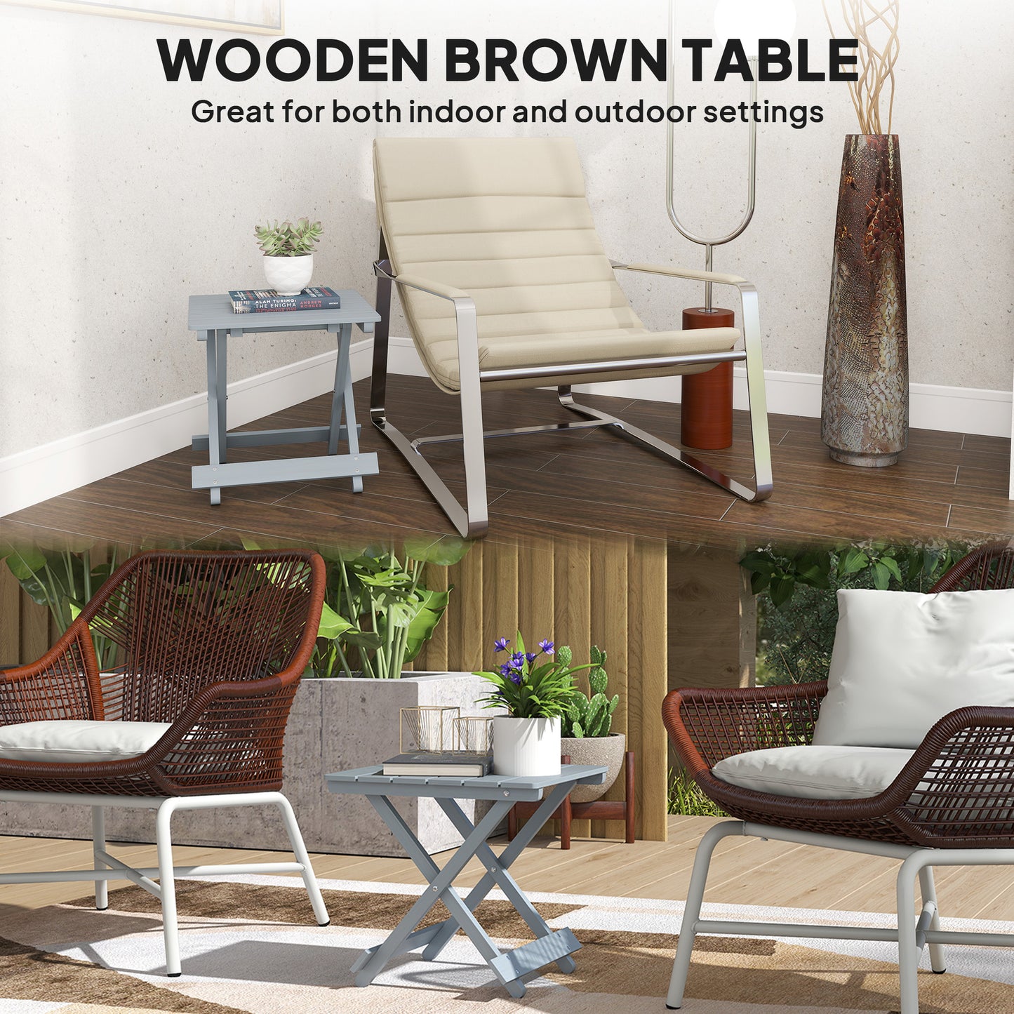 Fir Wood Folding Coffee Table, Lightweight Small Garden Table with Slatted Top, Portable Folding Side Table for Balcony