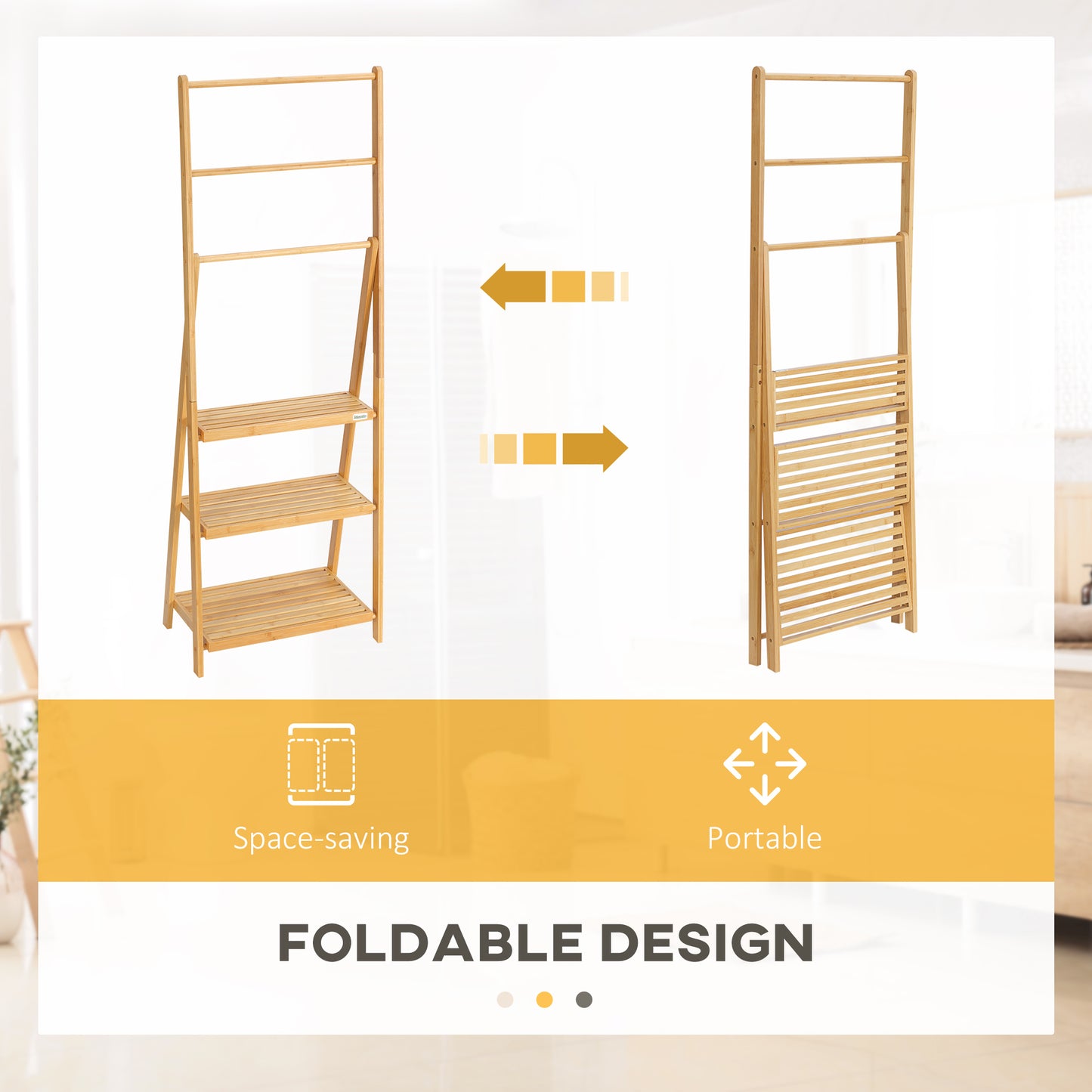 Freestanding Natural Bamboo Towel Rack with 3 Towel Rails and 3 Storage Shelves