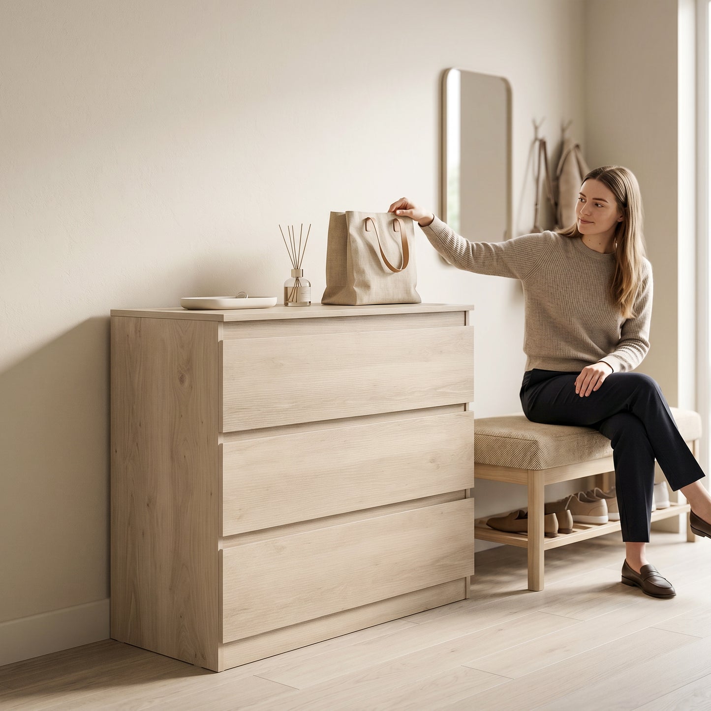 3-Drawer Storage Organiser Unit, Chest of Drawers for Bedroom, Living Room, 80 x 39 x 73cm, Oak