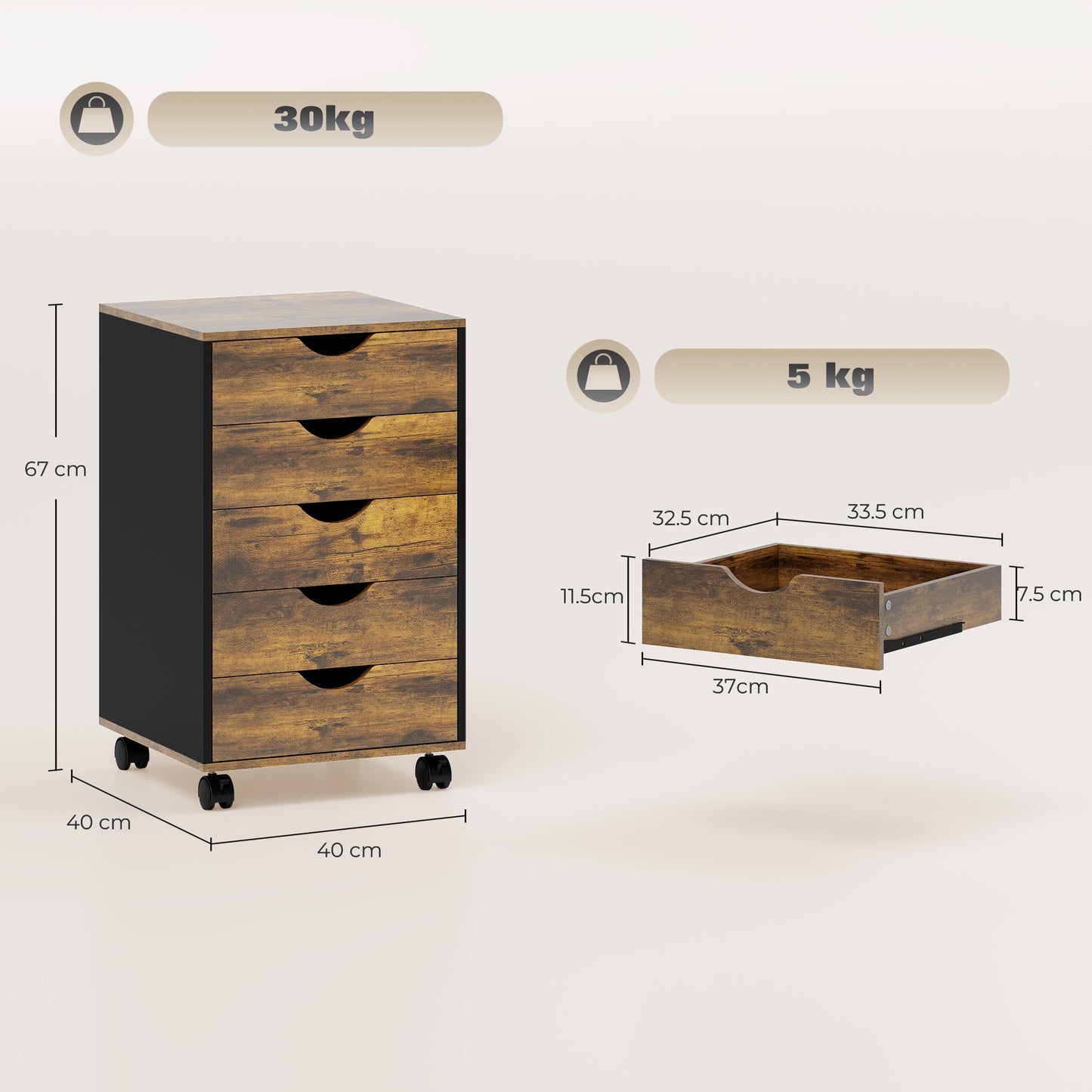 Five-Drawer Filing Cabinet - Rustic Brown