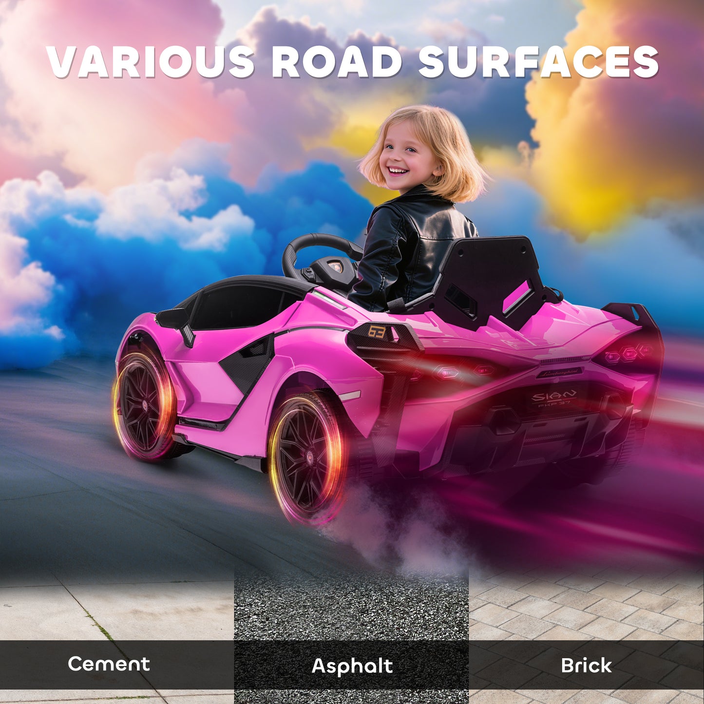 Lamborghini Sian Licensed Electric Car for Kids, 12V Kids Electric Ride on Car with Dual Motors, Remote Control, Pink