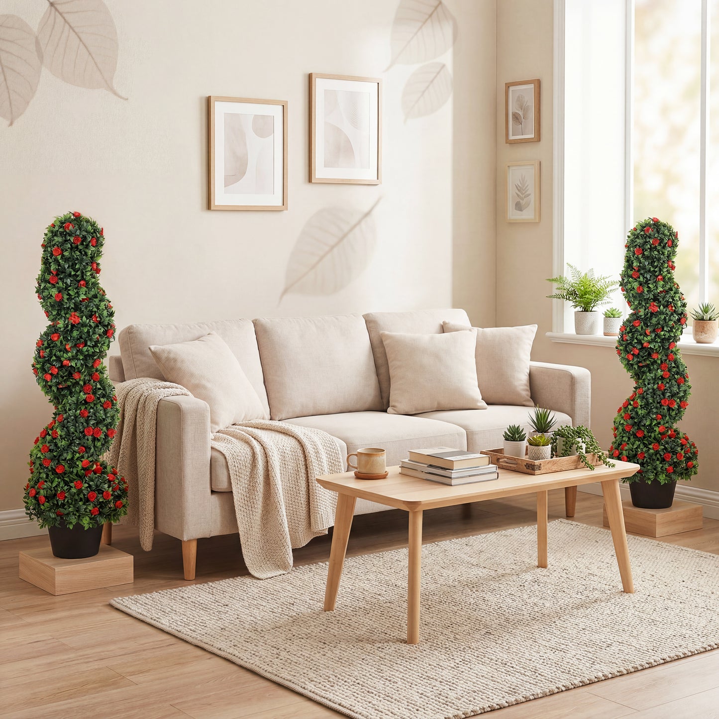 Decorative Artificial Plants Set of 2, UV Resistant Fake Plants in Pot for Indoor Outdoor Decor, 90cm, Red